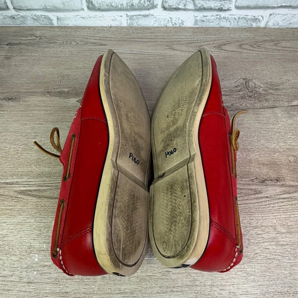 Polo Ralph Lauren Bienne Boat Shoes Red Canvas Leather Mens 10D